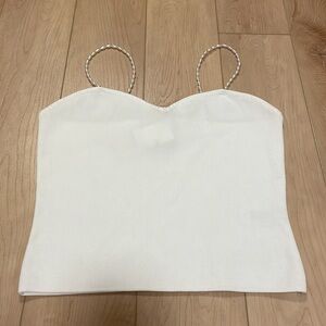 Rachel Zoe Pearl Strap Ribbed Sweetheart Cropped Tank, White, sz L